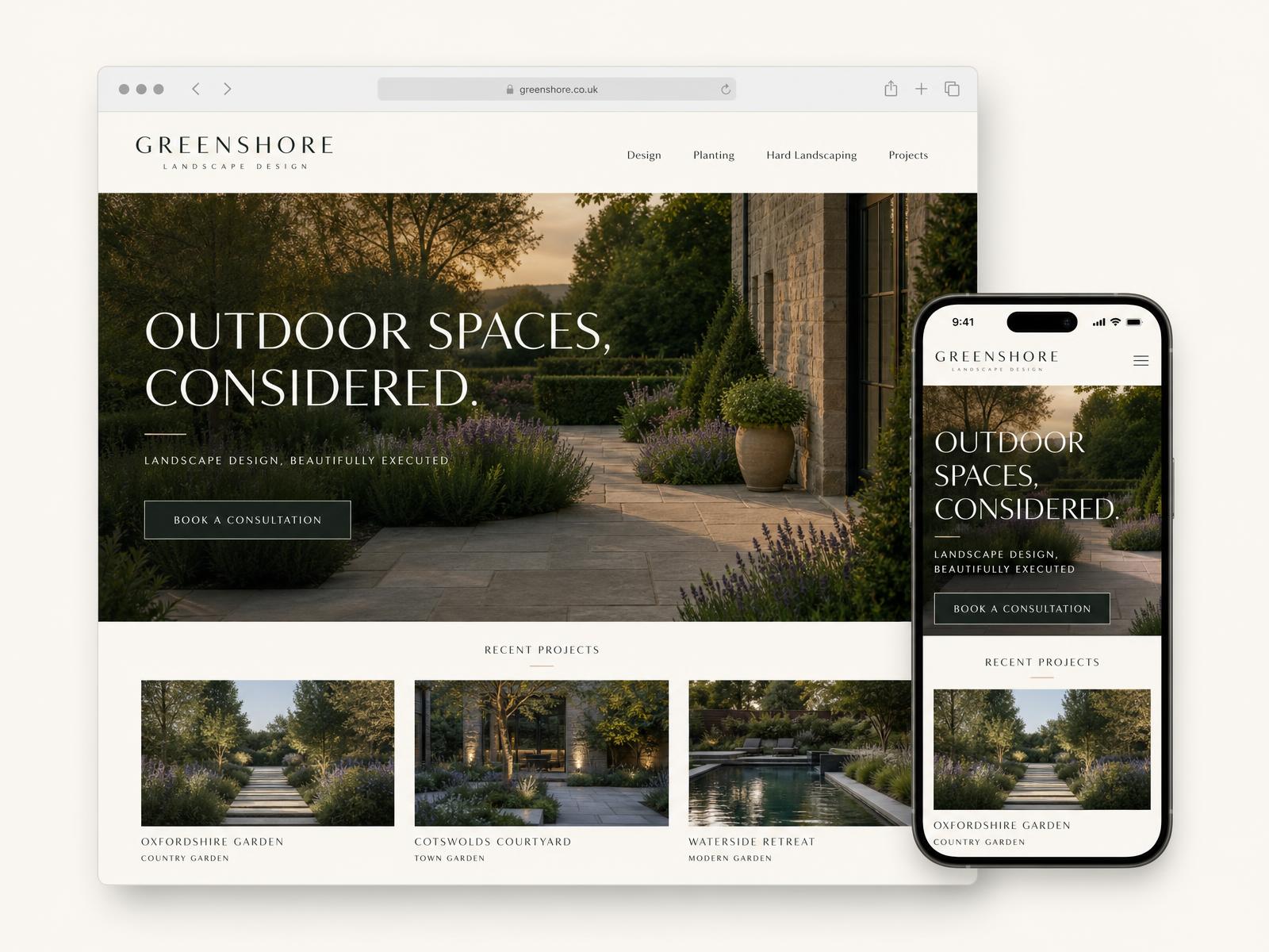 Concept project: editorial desktop and mobile website design for a landscaping studio