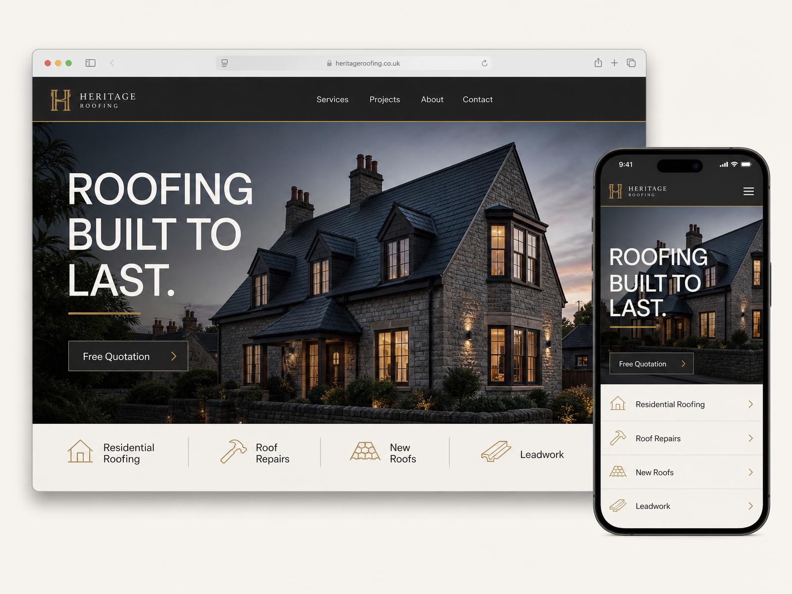 Concept project: desktop and mobile website design for a premium roofing contractor